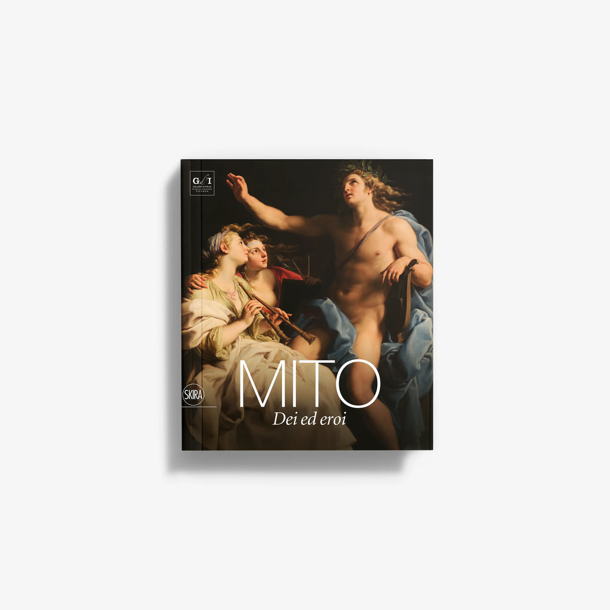 Mythological art poster with classical nude man and draped woman, dramatic scene