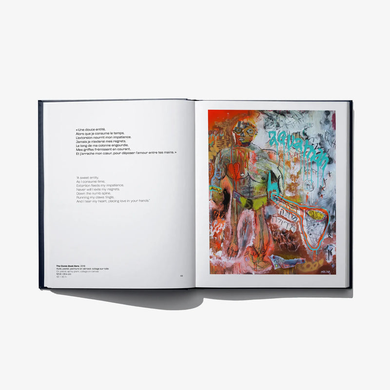 Open art book spread with a large colorful abstract portrait painting in orange and teal