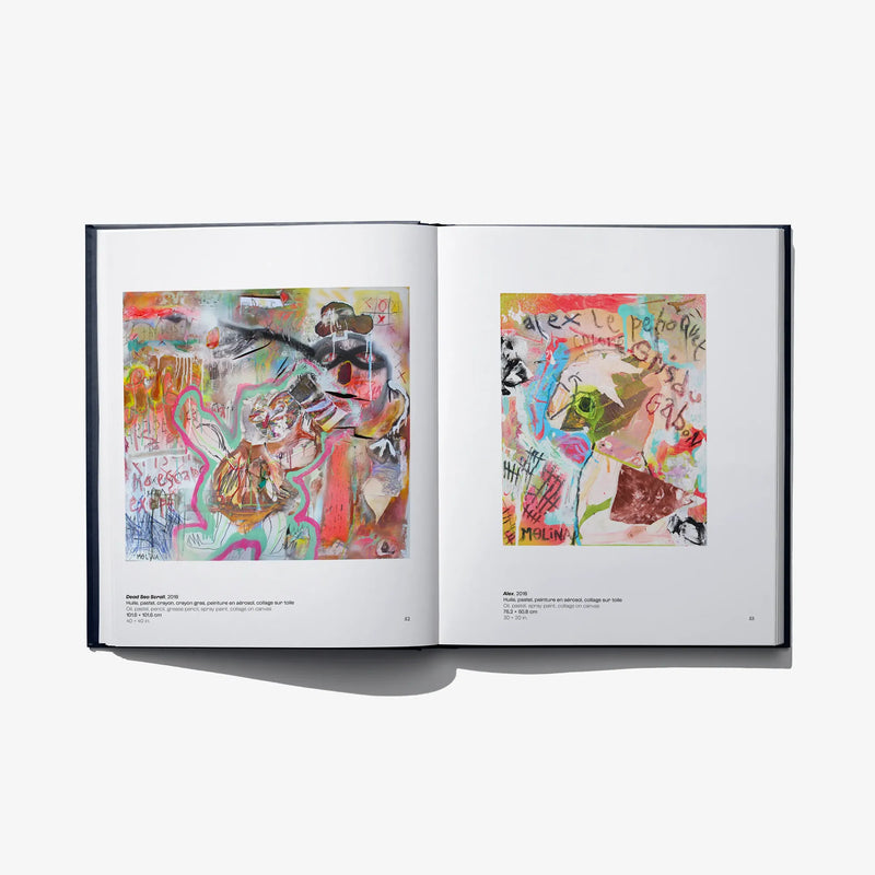Open art book spread with two colorful abstract portraits, bright pink and orange highlights