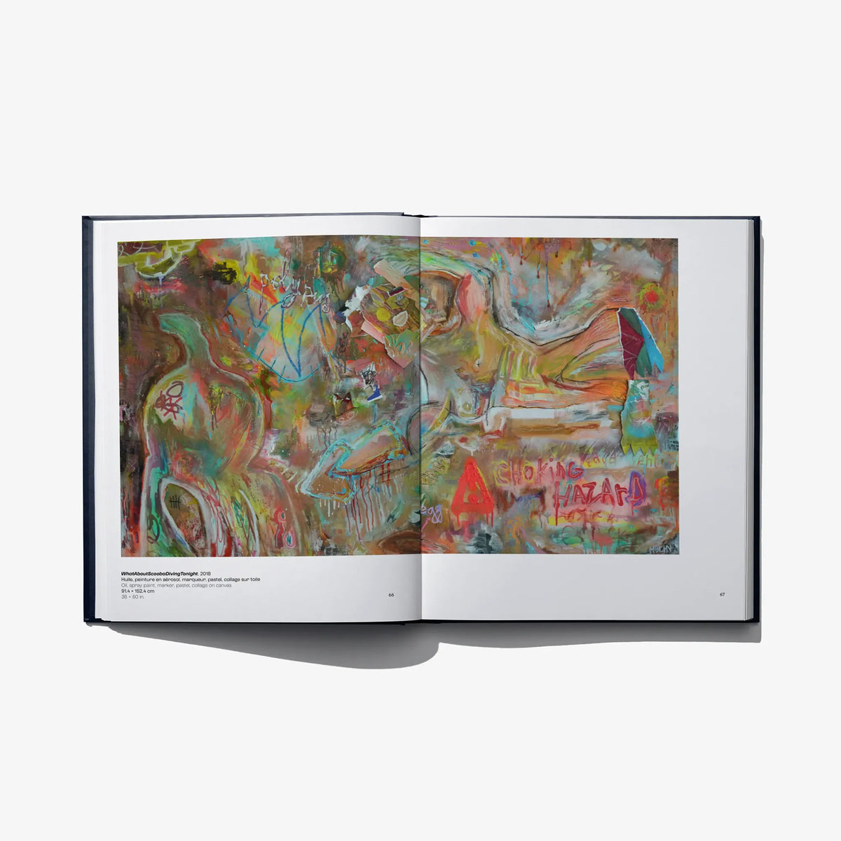 Open art book spread with a wide abstract portrait collage, green, blue, and red tones