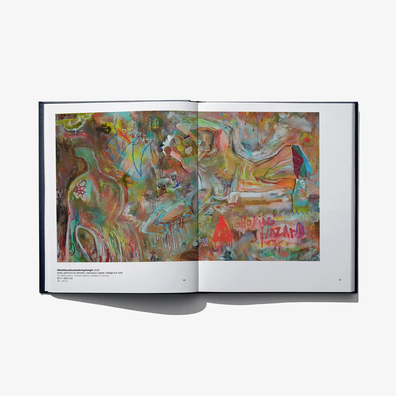 Open art book spread with a wide abstract portrait collage, green, blue, and red tones
