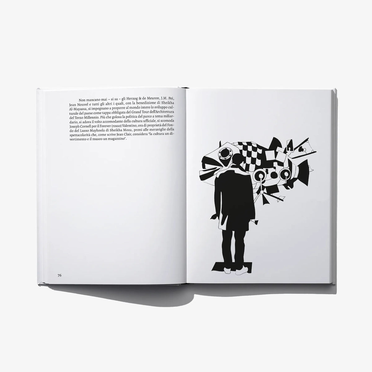 Open art book spread with illustrated black figure and Italian text