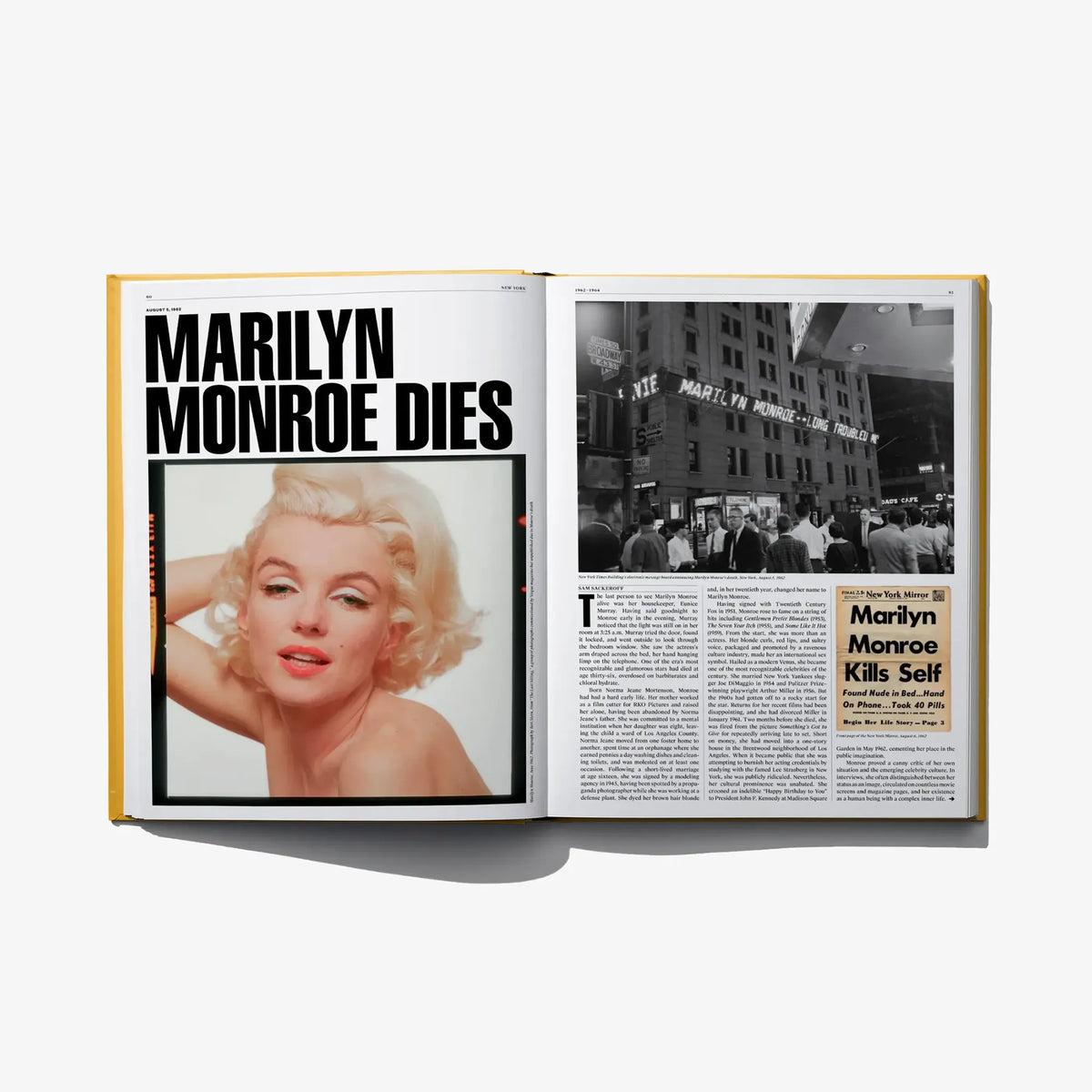 Open book spread with “MARILYN MONROE DIES” and a black-and-white city photo