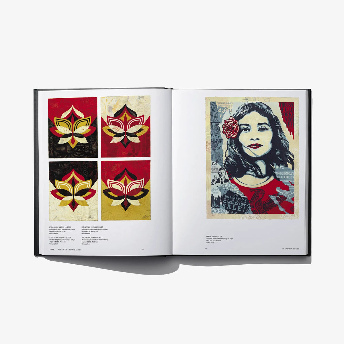 Hardcover art book open to collage-style graphic pages with fleur and portrait artwork
