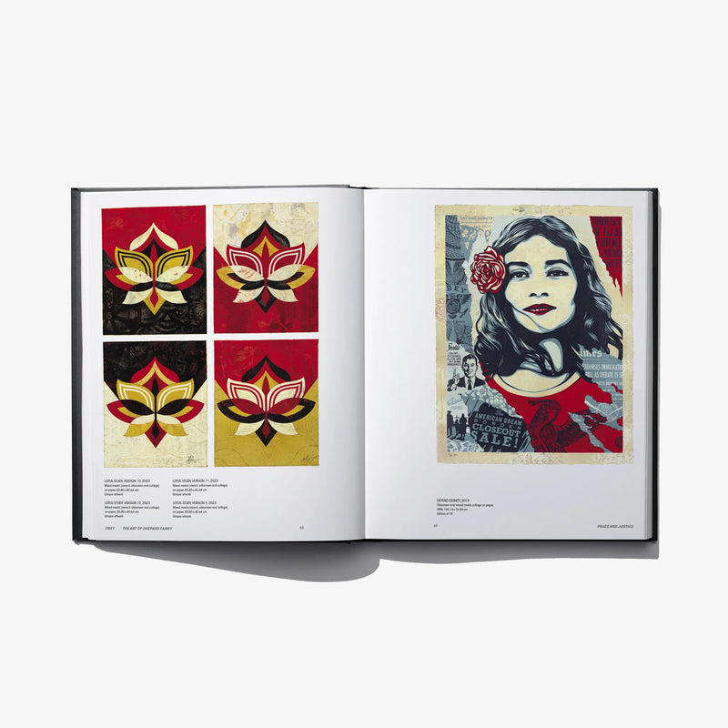 Hardcover art book open to collage-style graphic pages with fleur and portrait artwork
