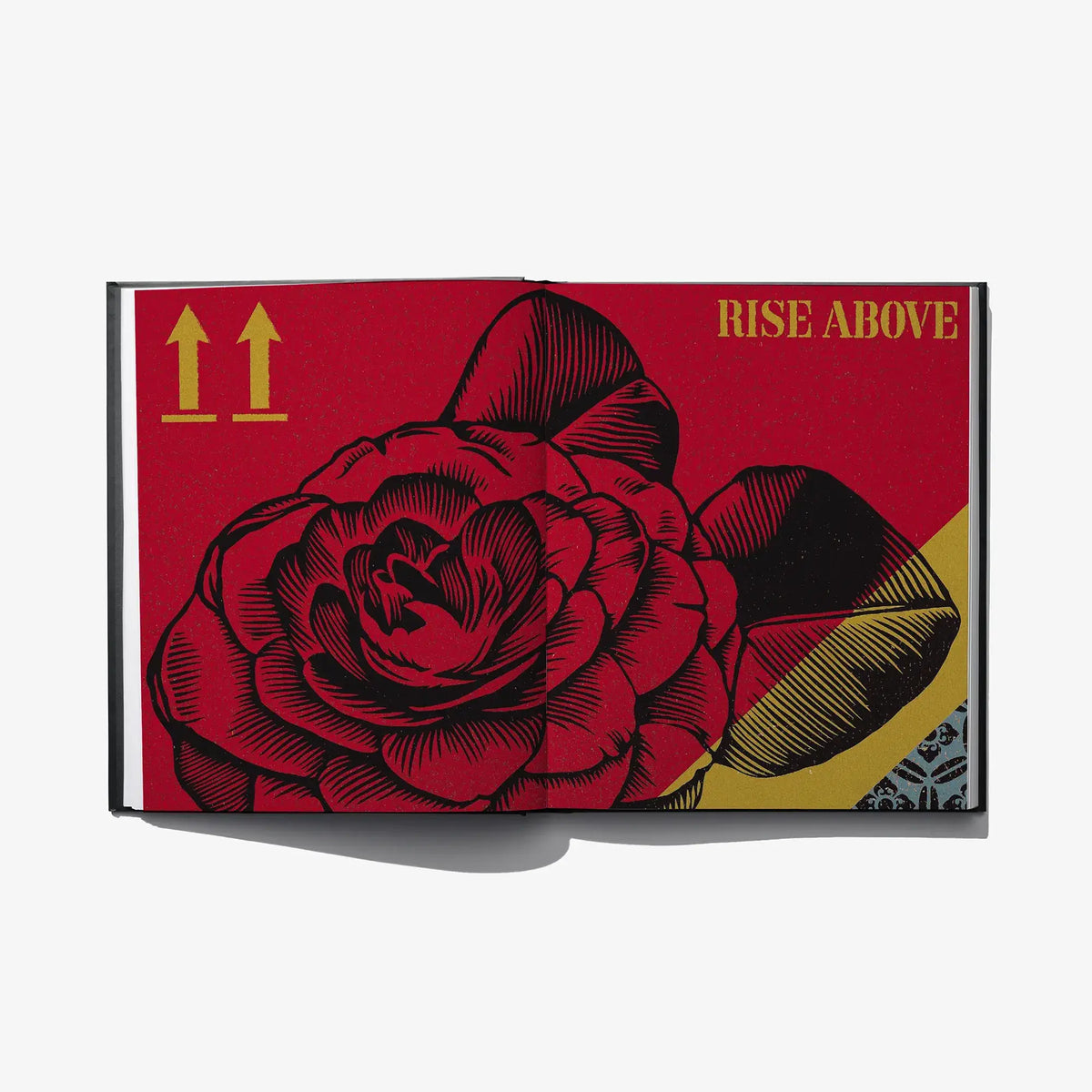 Hardcover art book cover with red rose illustration and “RISE ABOVE” header text