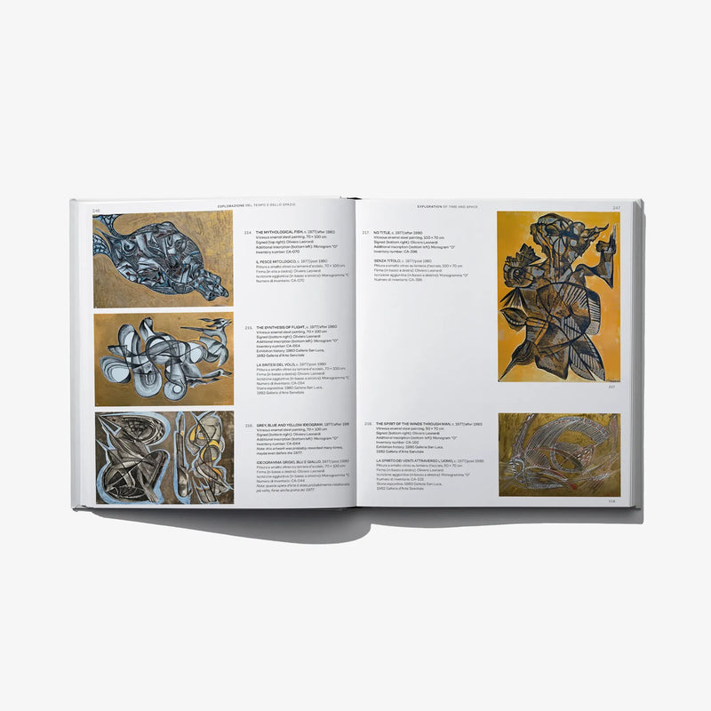 Open book with four small enamel artwork images and blocks of printed text