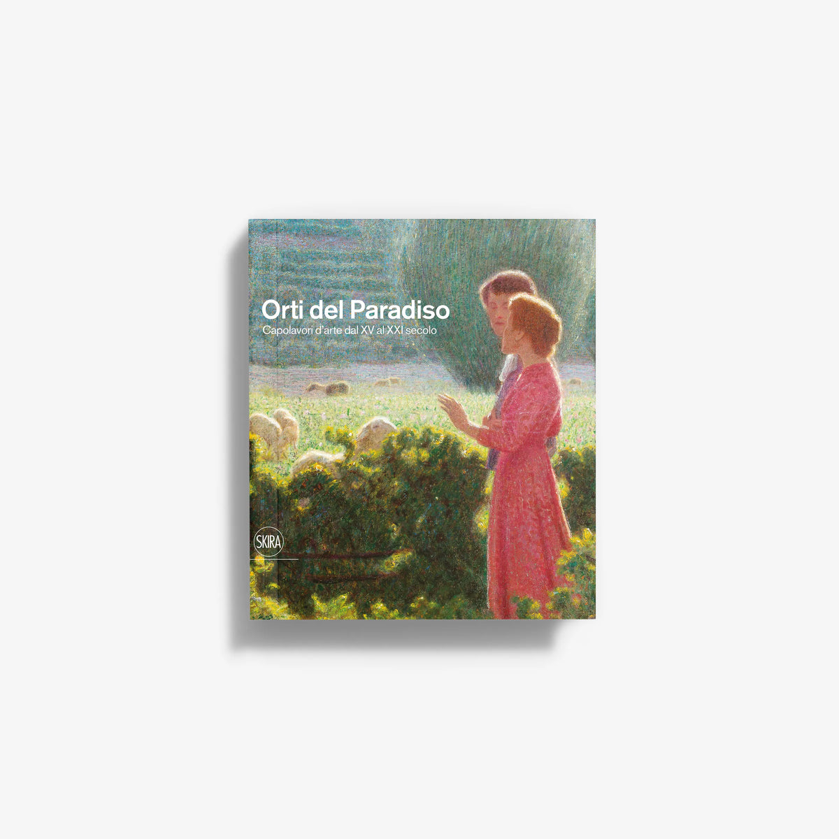 Orchards of Paradise book cover with girl in red dress and garden illustration