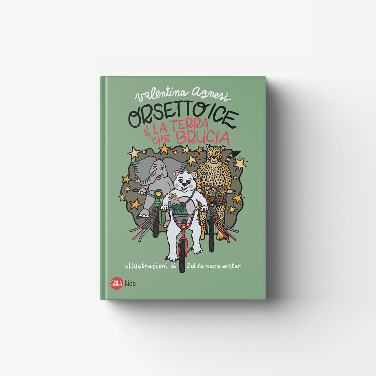 Illustrated children's book by Skira Arte in sage green hardcover, with animal protection and forest fire impact theme