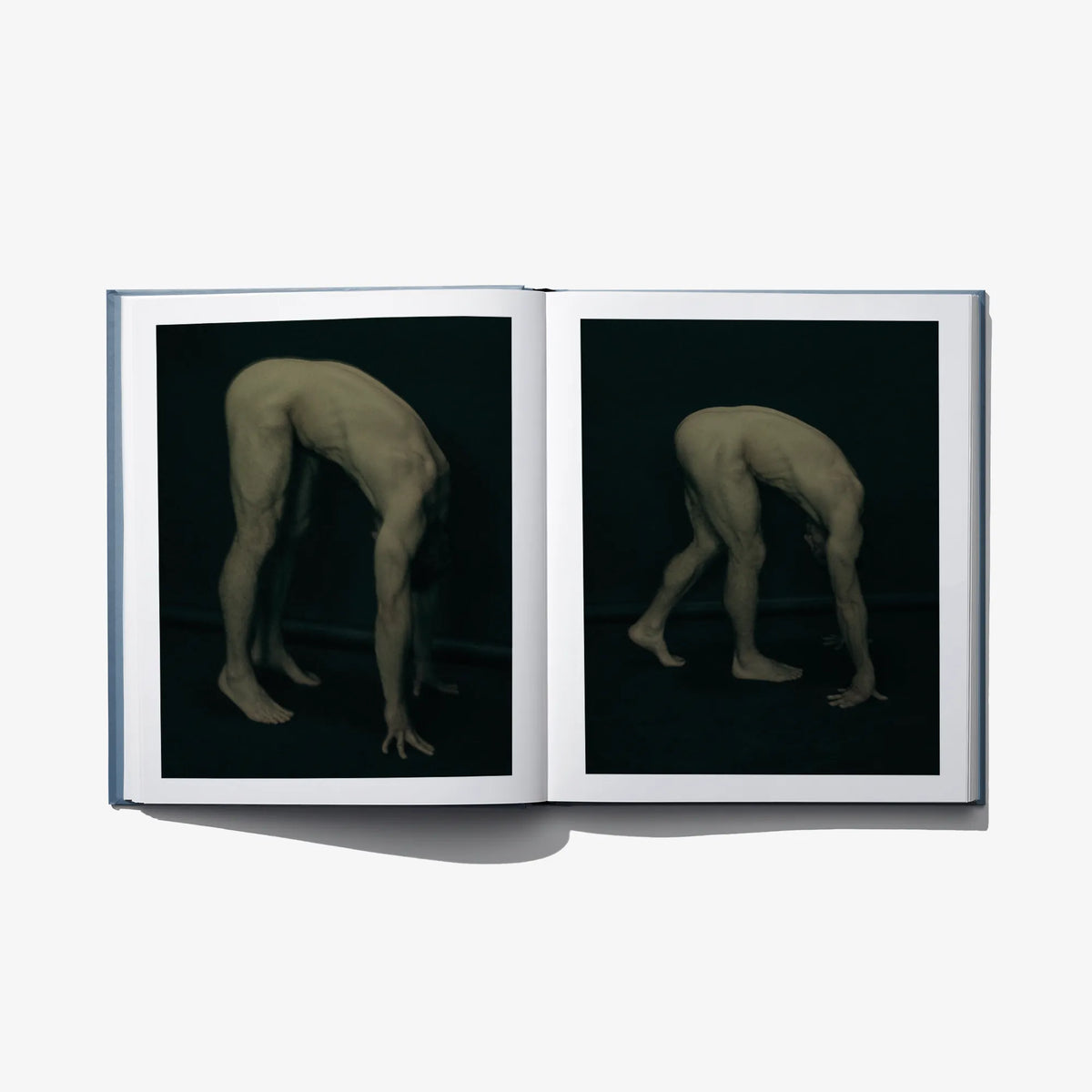 Open art book showing two black photo panels with posed nude figures on the right pages.
