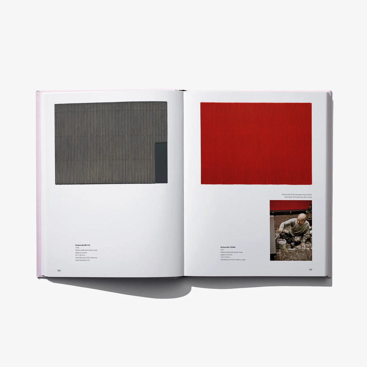 Opened graphic novel with image panels, including a red square and small photo
