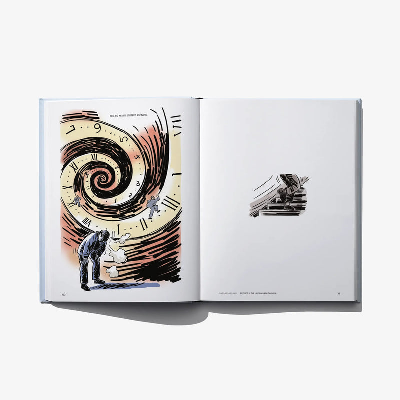 Opened graphic novel with swirling clock illustration and a small figure scene