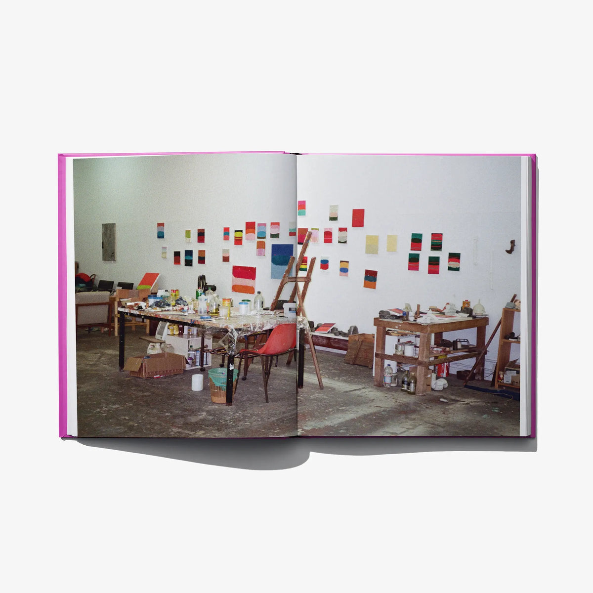 Open art book showing a studio scene photo on the right page