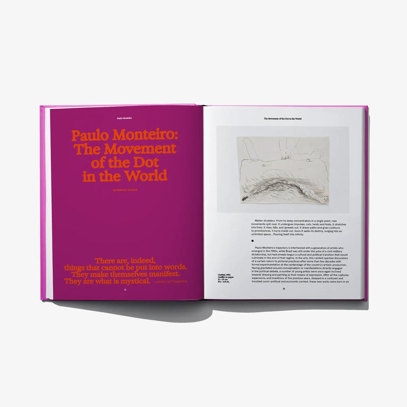 Open art book with purple title page and a sketch illustration on the right