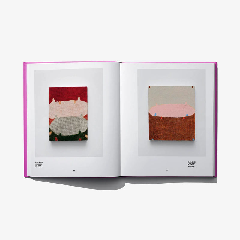 Open art book with two framed abstract artworks on facing pages