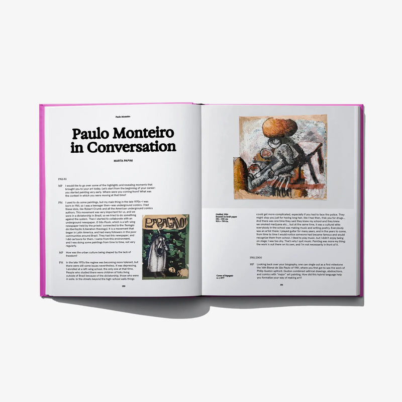 Open art book with text layout on left and painted figure artwork on right