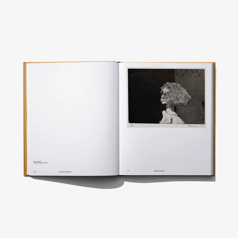 Art book by Suzanne Perlman, open spread with black-and-white portrait artwork