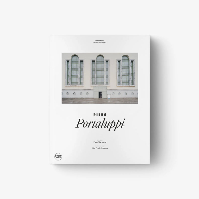 Square hardcover book cover with building photo and “Piero Portaluppi” script title.