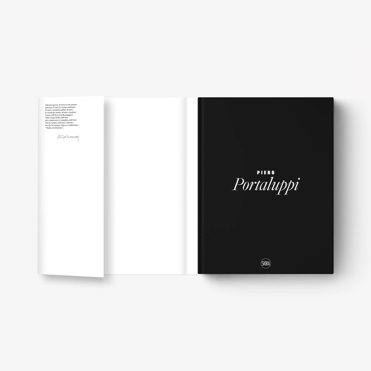 Hardcover architecture book with black and white covers, “Piero Portaluppi” title.