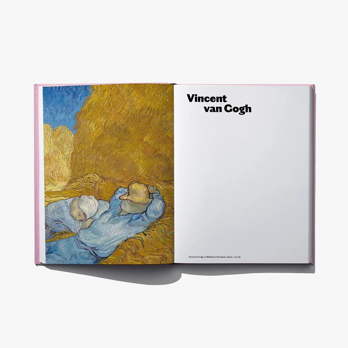 Open art book: wheat-field painting on left; 'Vincent van Gogh' on right page