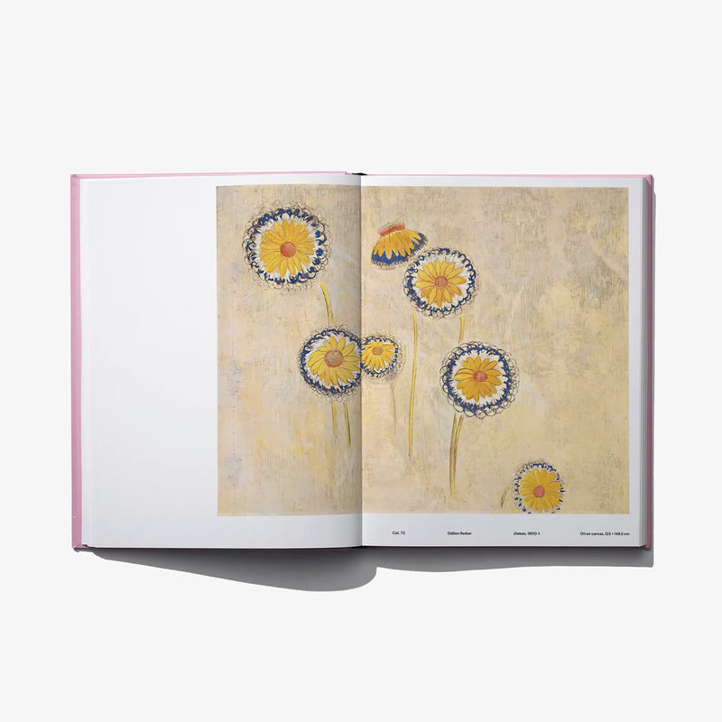 Open art book with painting of five yellow flowers on a beige background