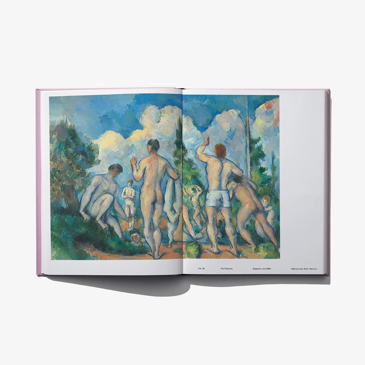 Post-impressionism art book open, wide painting panel with nude figures and blue tones