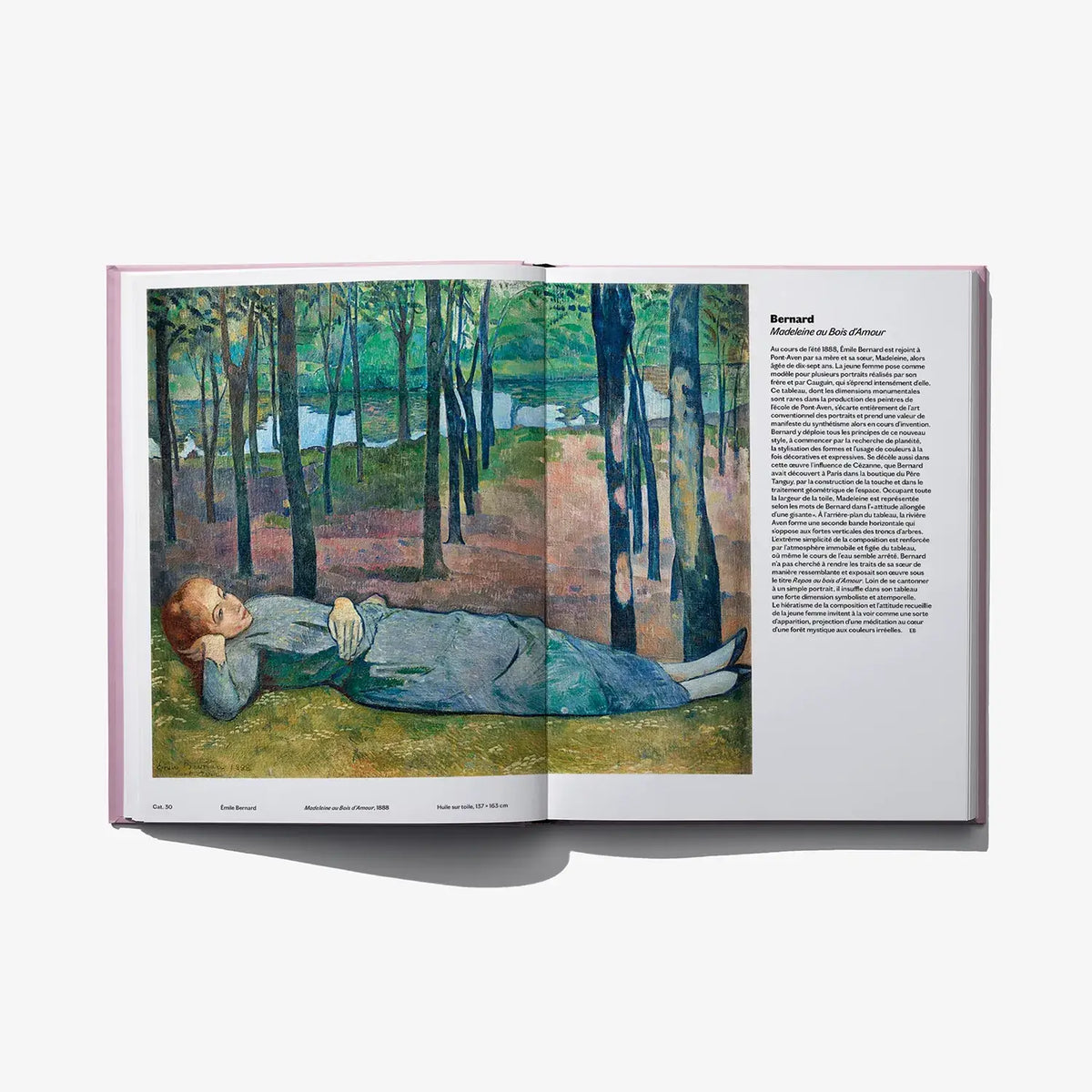 Post-impressionism art book open, forest scene painting with reclining figure on left