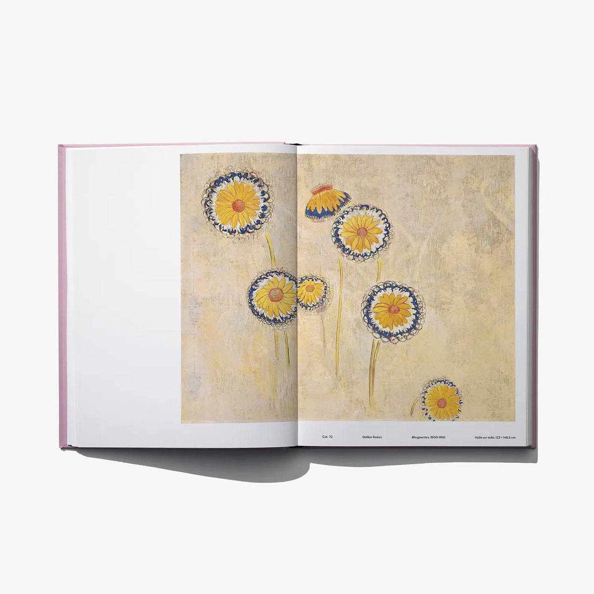 Post-impressionism art book open, beige background artwork with yellow daisy flowers