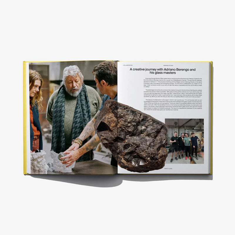 Open book page with large dark sculpture photo and several small image panels