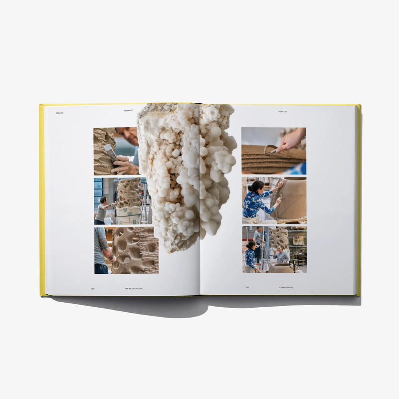 Open book spread with close-up photos of white textured sculptures and hands at work