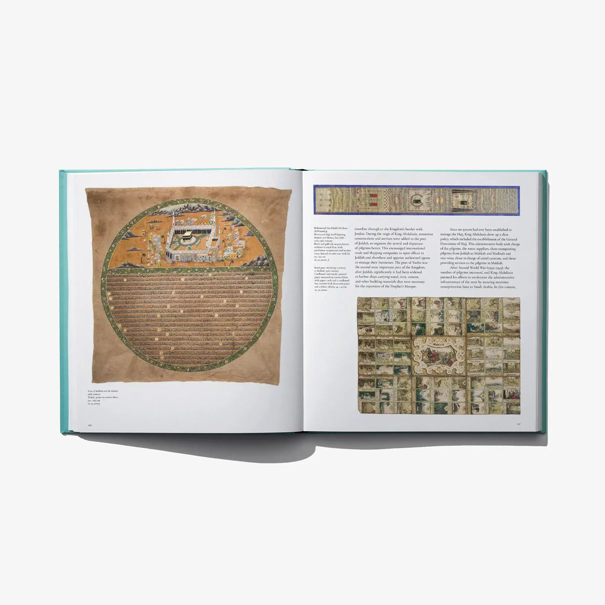Open museum book spread with circular mosaic artwork and labeled image panels