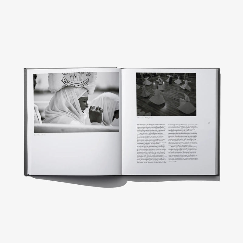 Open photo book with two black-and-white pages: photo panels and a text block