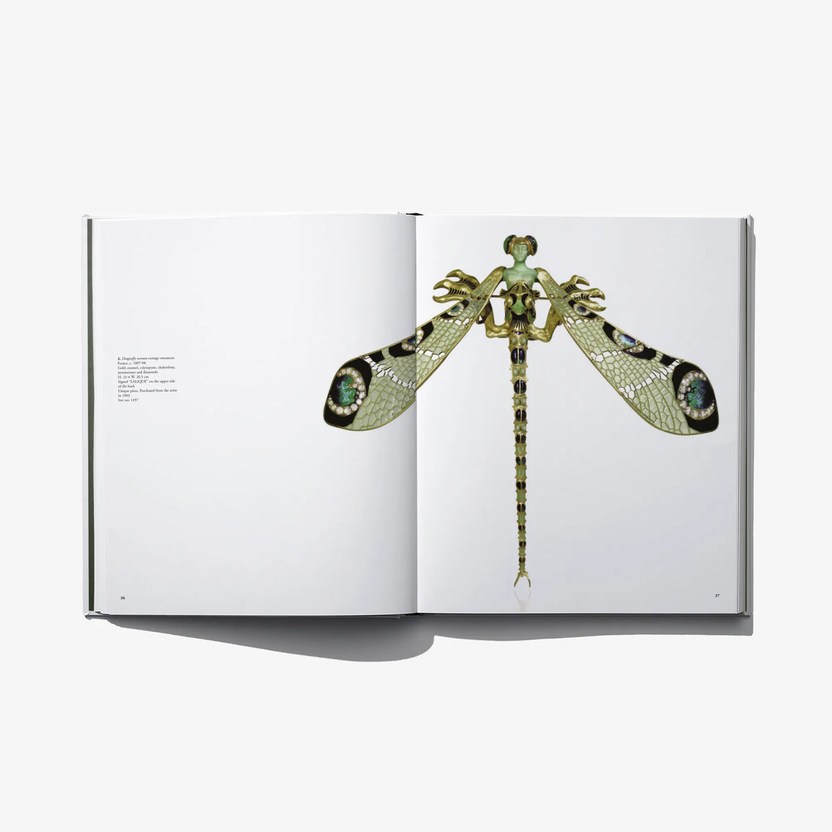 Open art book with a detailed green-and-gold peacock-shaped jewelry diagram