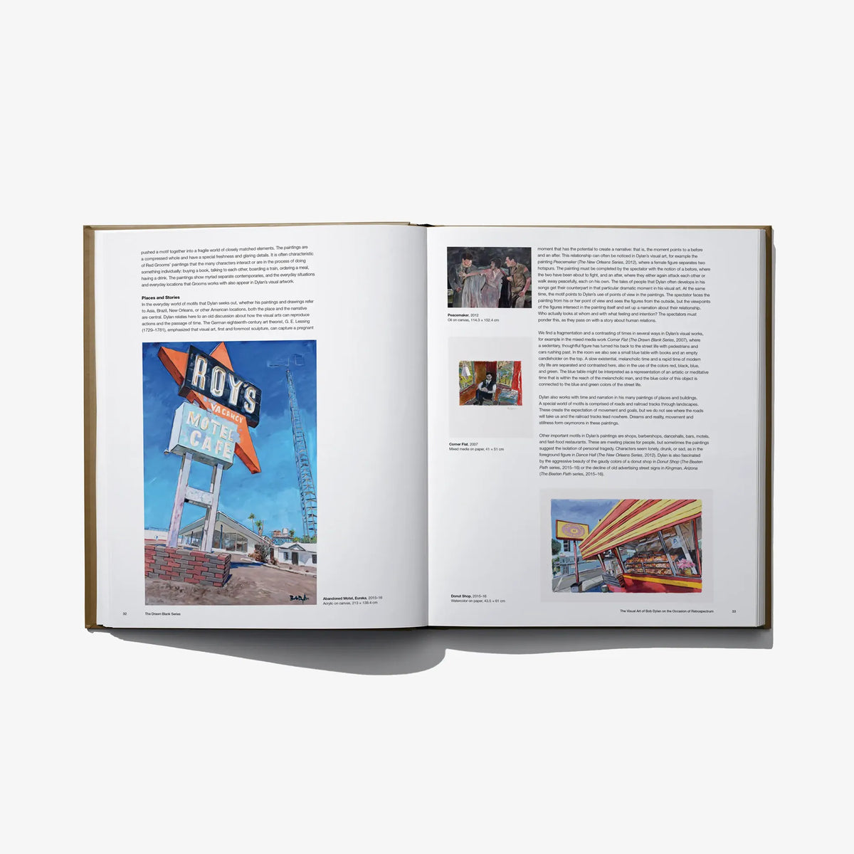 Hardcover photo book open to paragraphs with small color photo thumbnails