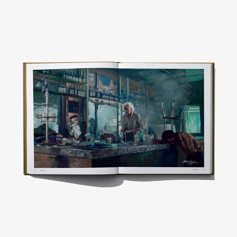 Hardcover photo book open to bar interior scene photograph