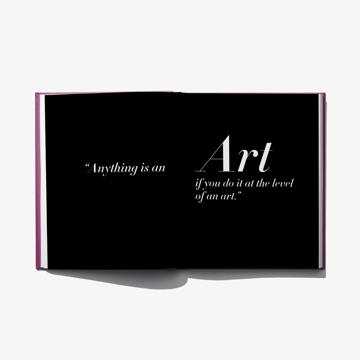 Richard Avedon photo book open spread with black quote panel and white Art lettering