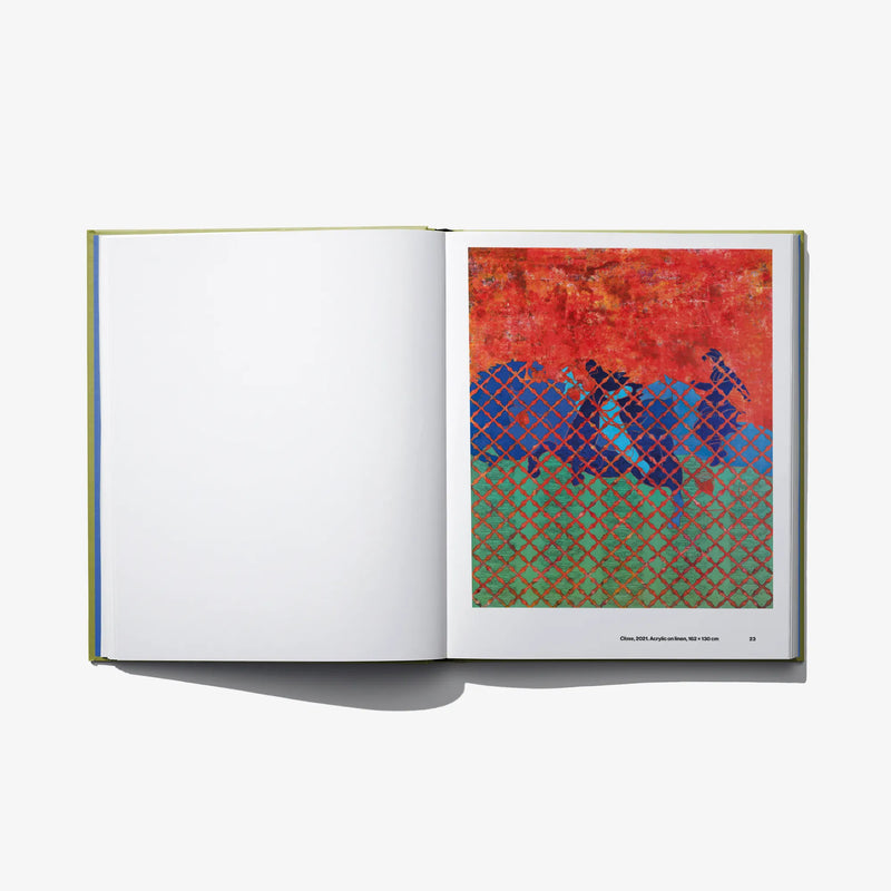 Opened art book with red-and-blue lattice pattern artwork on right page