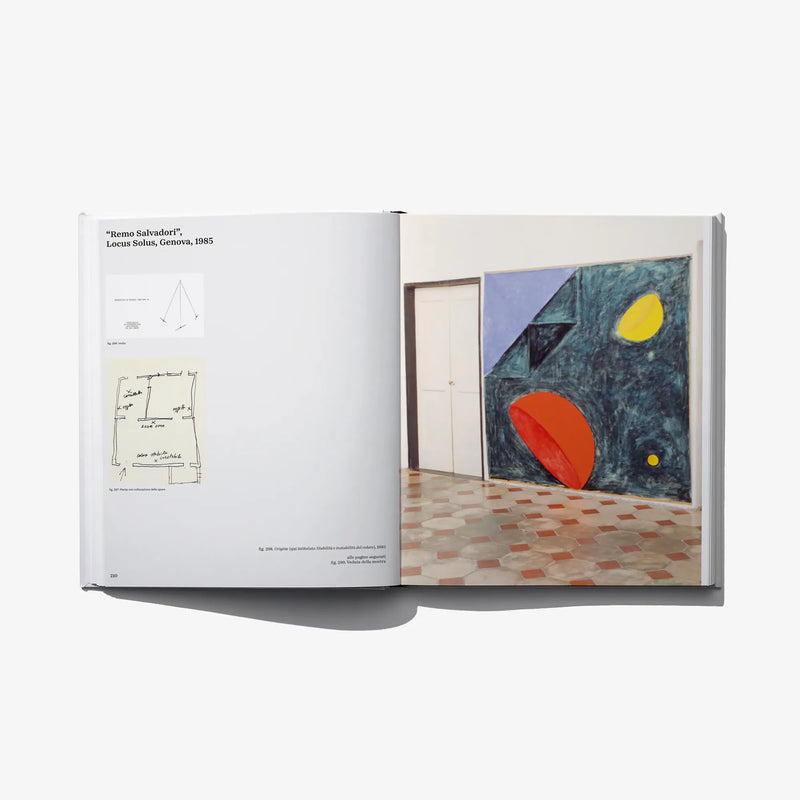 Italian edition art book open spread with hand sketches on left and colorful painting