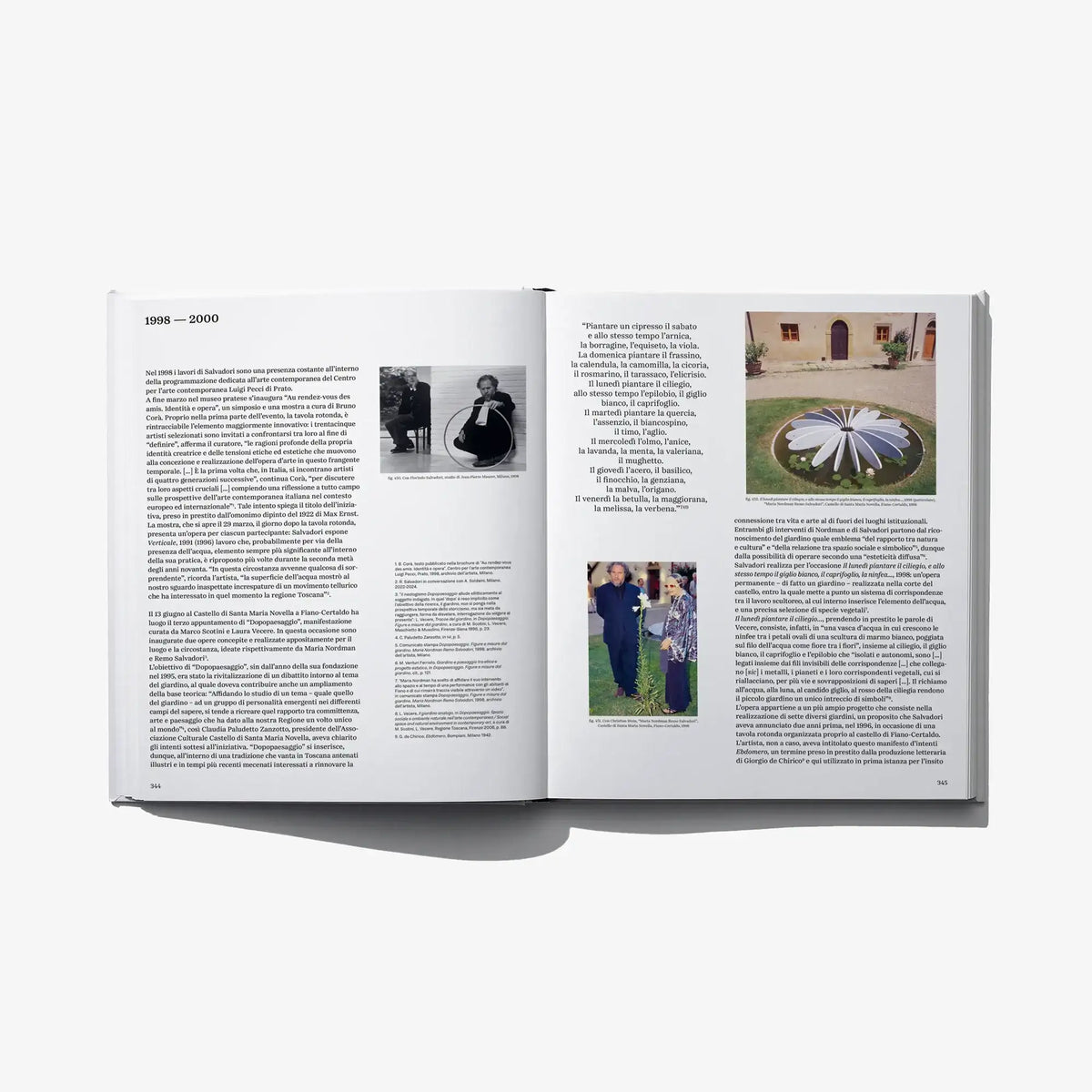 Italian edition art book open spread with dense text and small outdoor photos