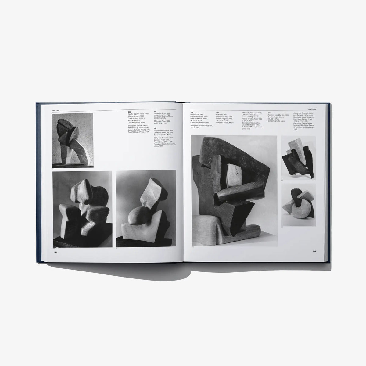 Open art catalog book displaying multiple sculpture photos in a grid layout
