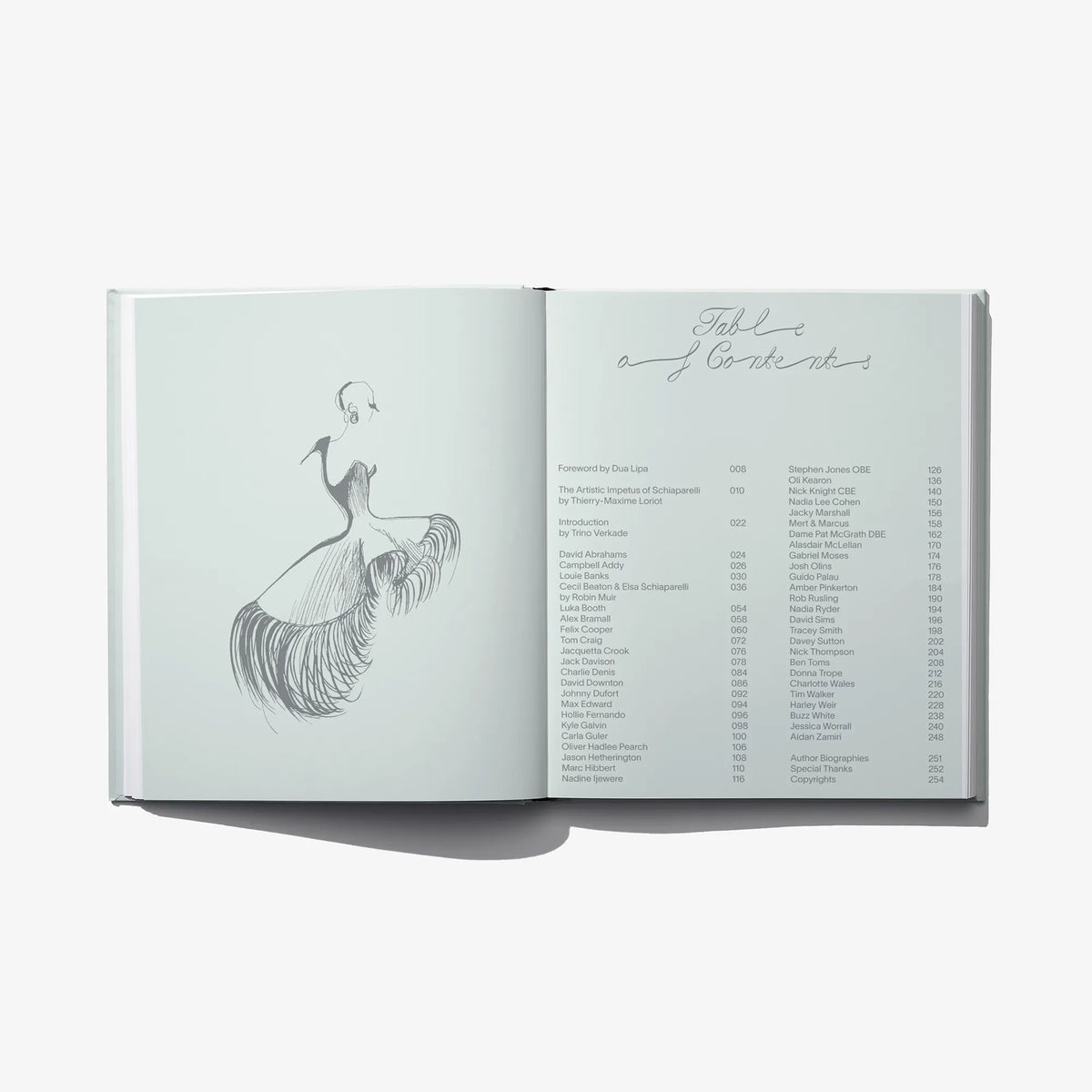 Open fashion catalog spread with line-art dress figure and typed contents