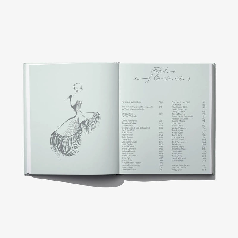 Open fashion catalog spread with line-art dress figure and typed contents
