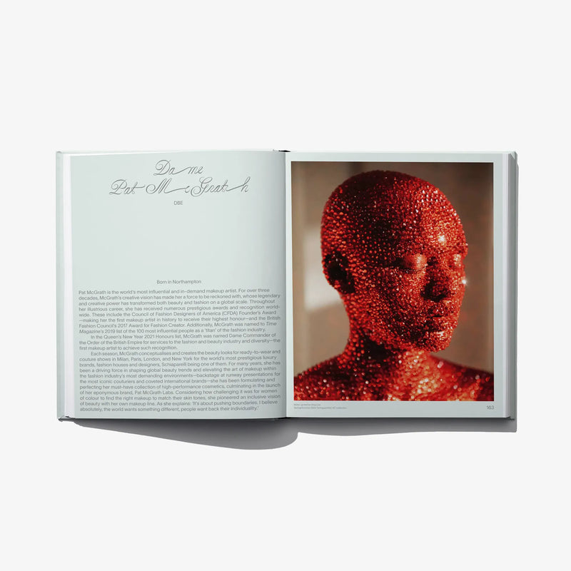 Open fashion catalog spread with text page and red glitter portrait image