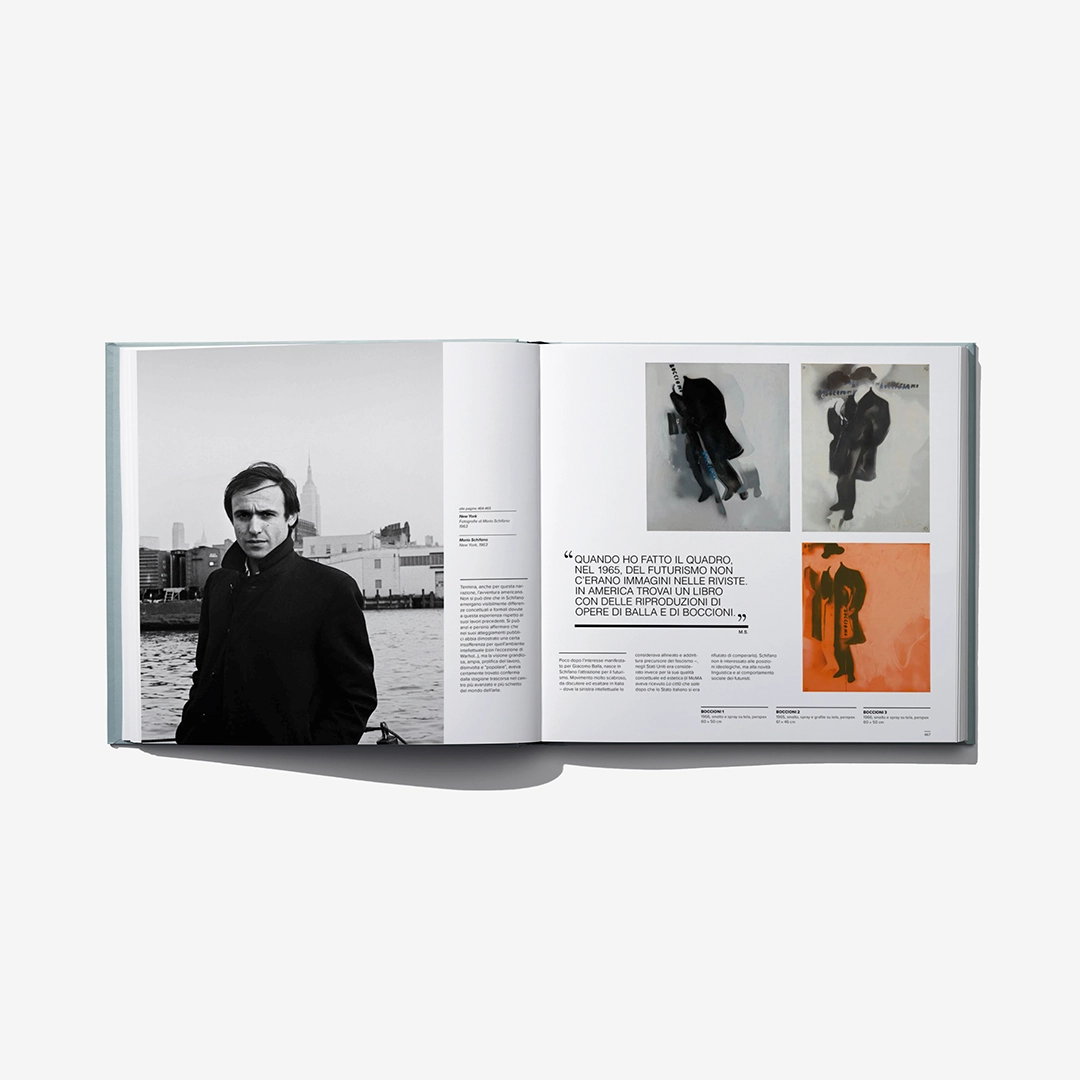 Open art catalog book with outdoor portrait and three framed black-and-white artworks