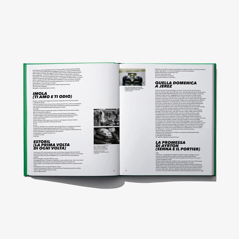 Ayrton Senna Forever book opened to two text-heavy pages with small photos