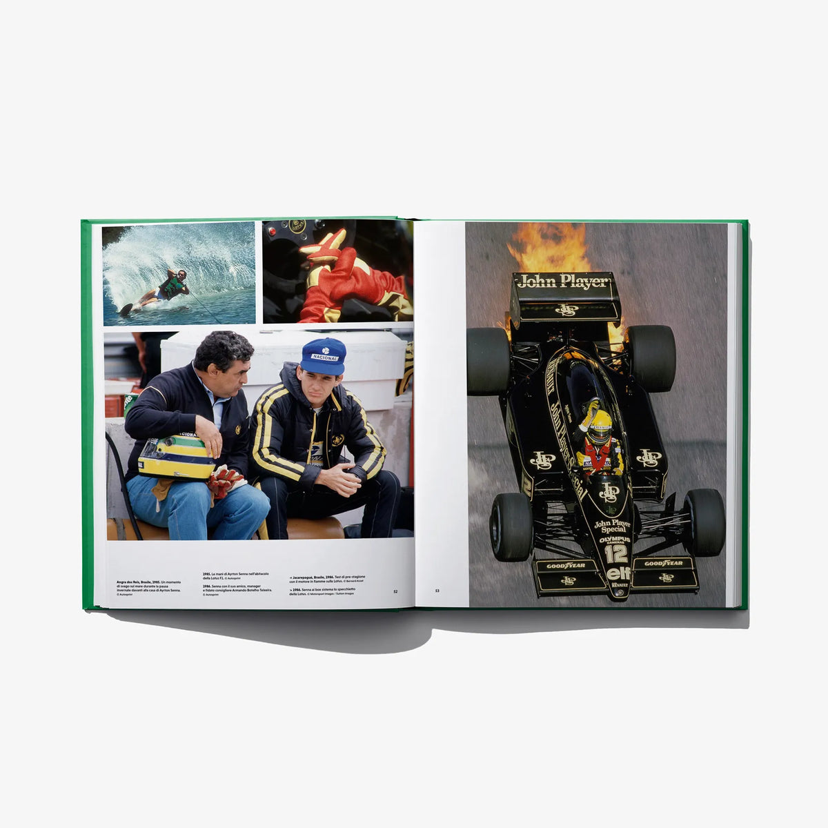 Ayrton Senna Forever book opened to pages with race photos and a car portrait