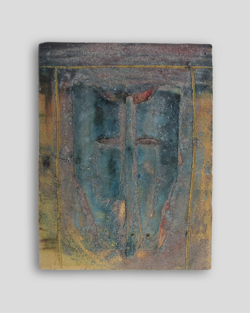 Limited edition terracotta dipinta sculpture by Mimmo Paladino for Skira Arte, with painted blue and gold border