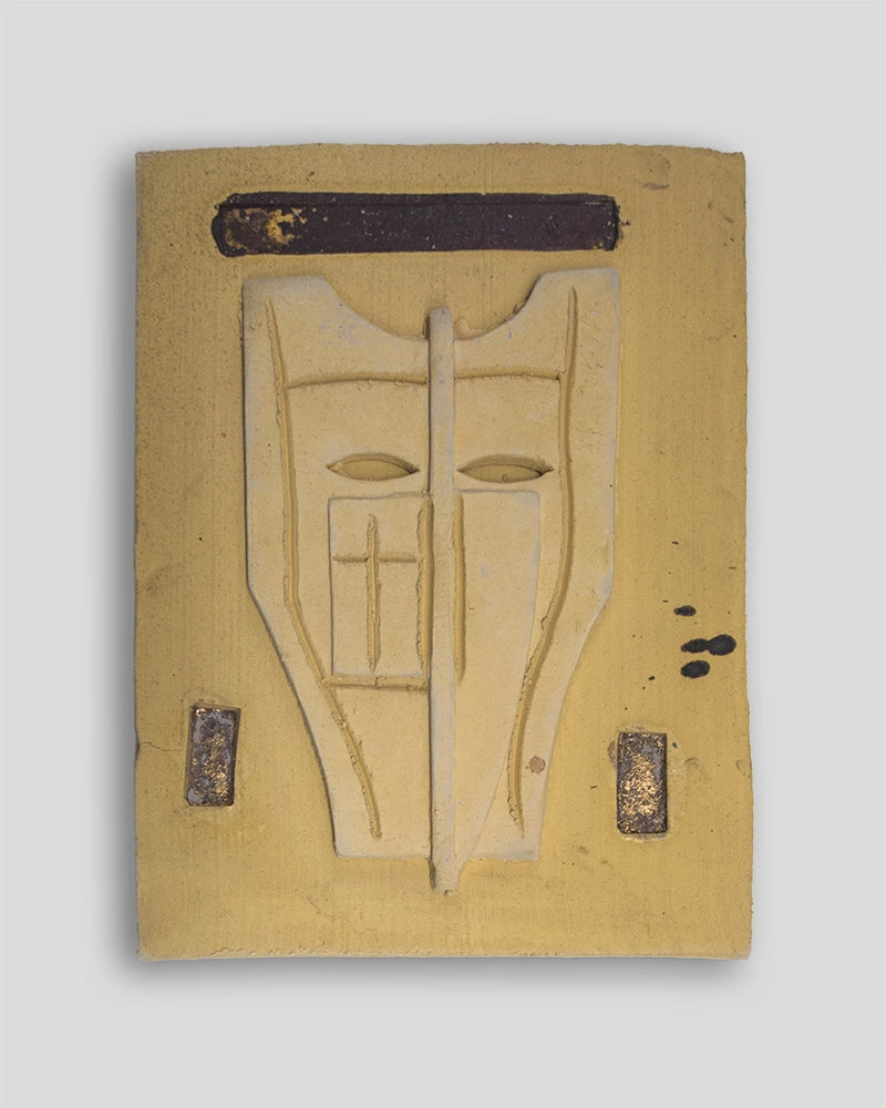 Limited edition terracotta dipainted sculpture by Skira Arte, beige and cream face with dark top bar