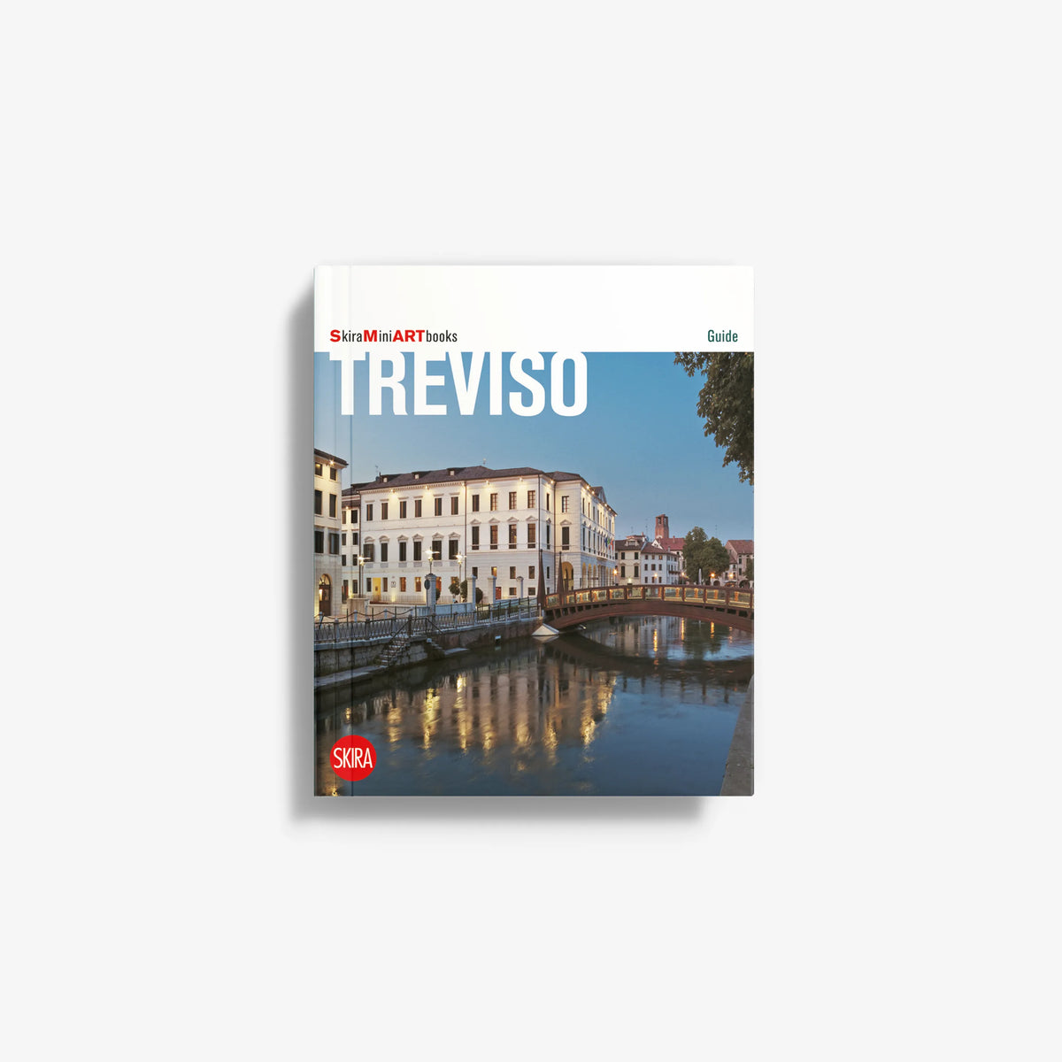Travel guide book with Treviso title and riverside city photo on cover