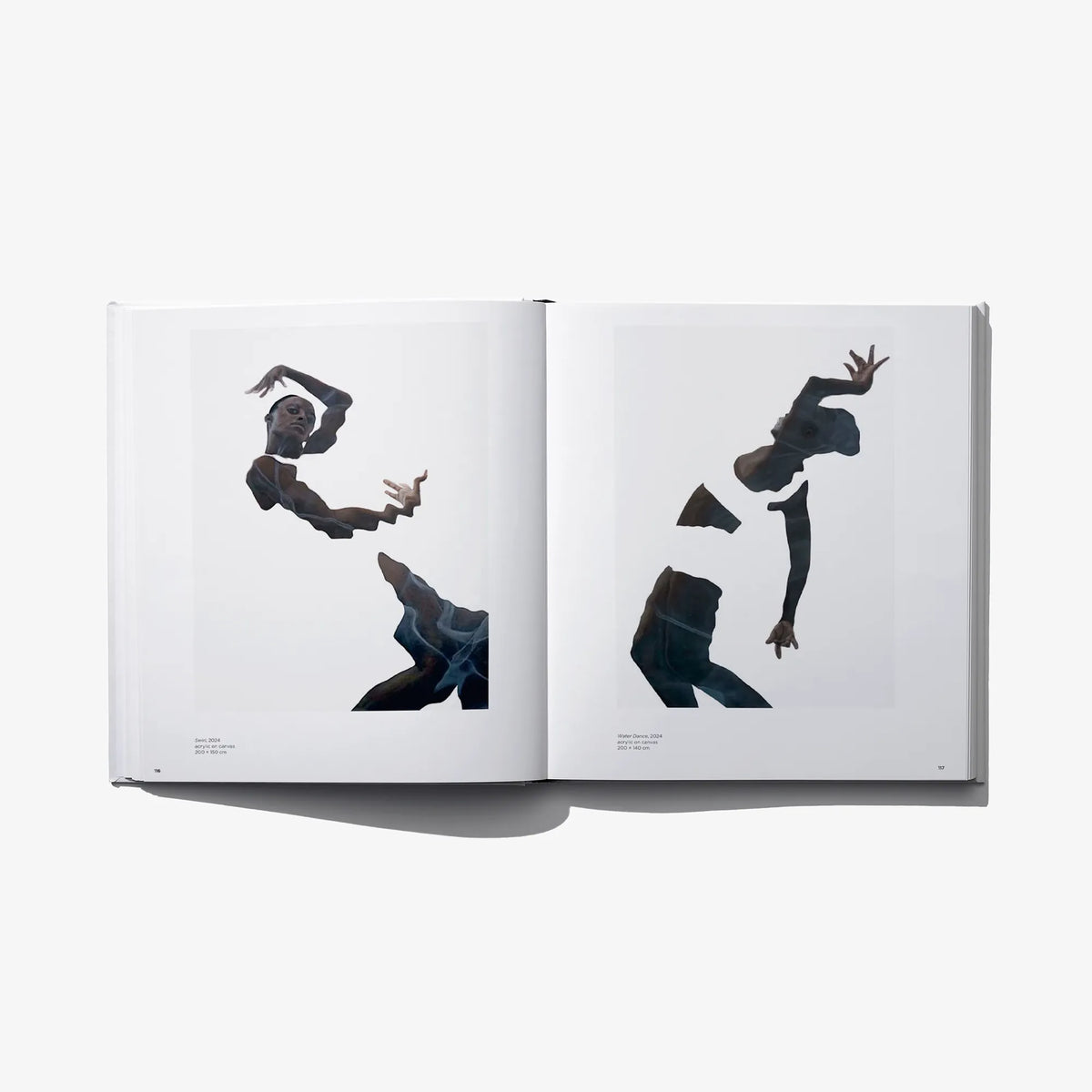 Art photo book open spread with four black-and-white figure poses, rotating views